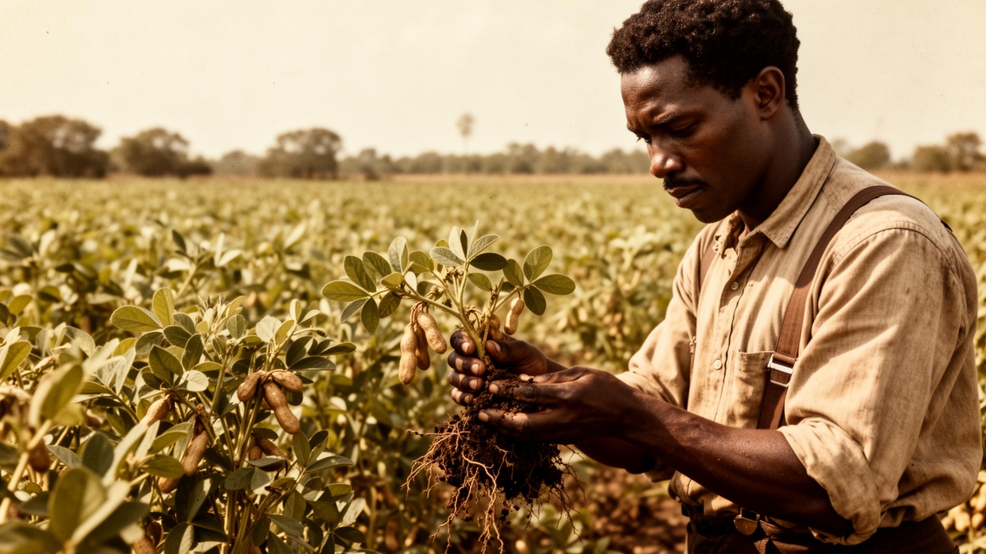 A Black agricultural scientist examining peanut plants in a field.