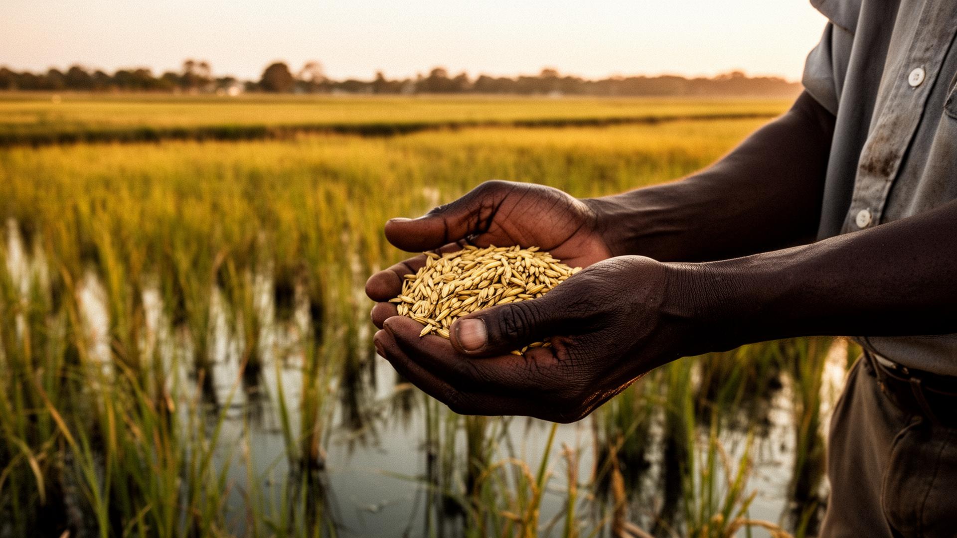 Black hands holding Carolina Gold rice grains over a Lowcountry tidal field.