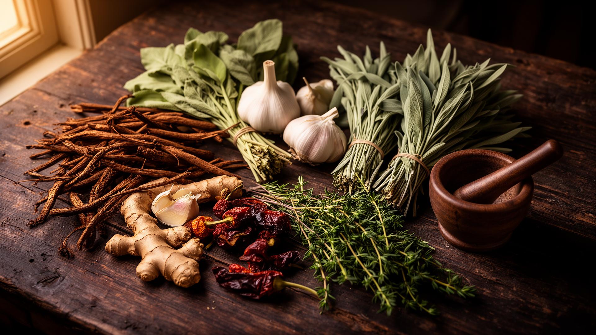 Dried sassafras root, sage, thyme, garlic, ginger, and dried peppers arranged on a weathered wooden table — the medicinal pantry of the Black Southern kitchen.