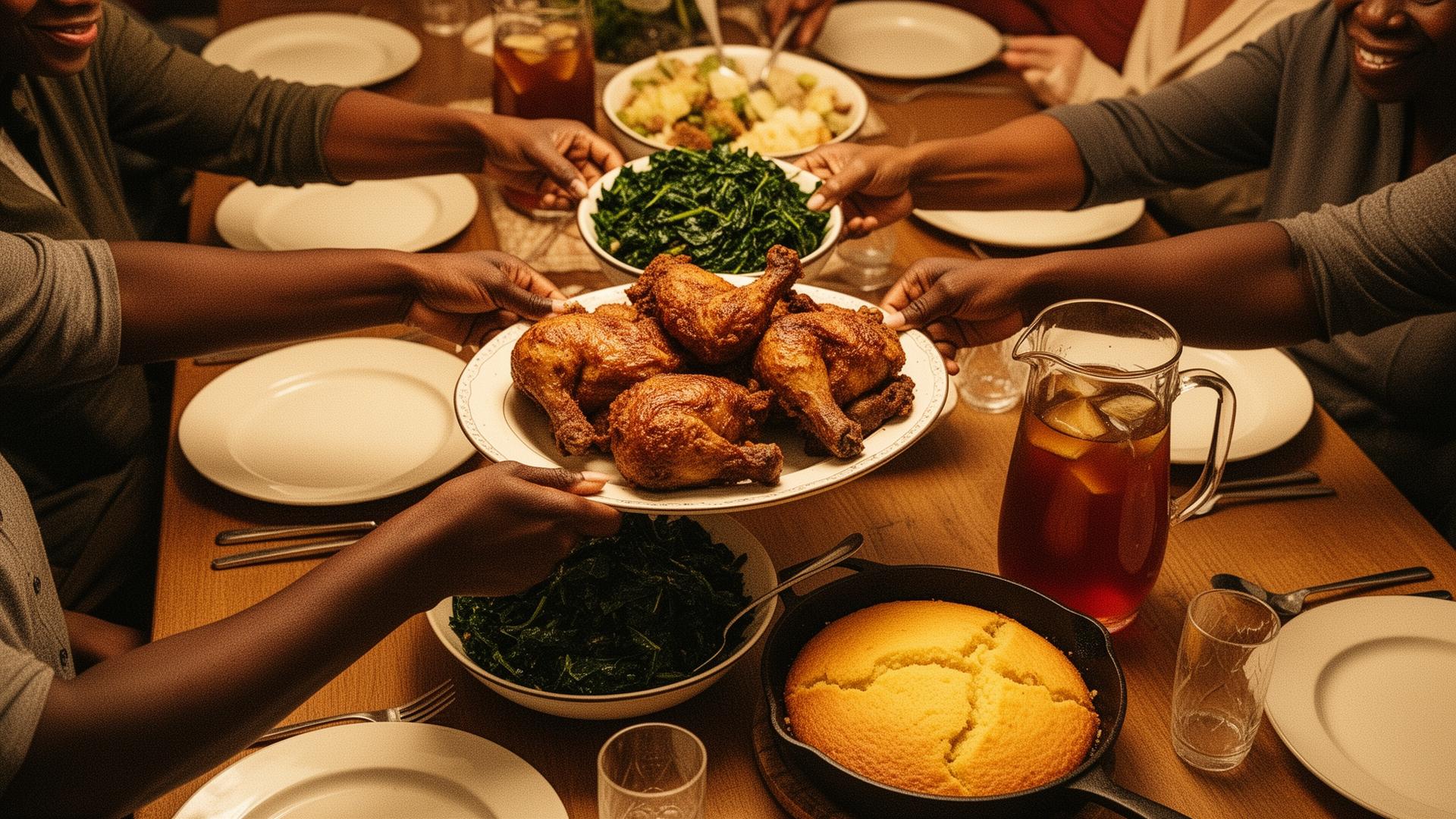 A Sunday dinner table, hands passing collard greens, fried chicken, cornbread, sweet tea.